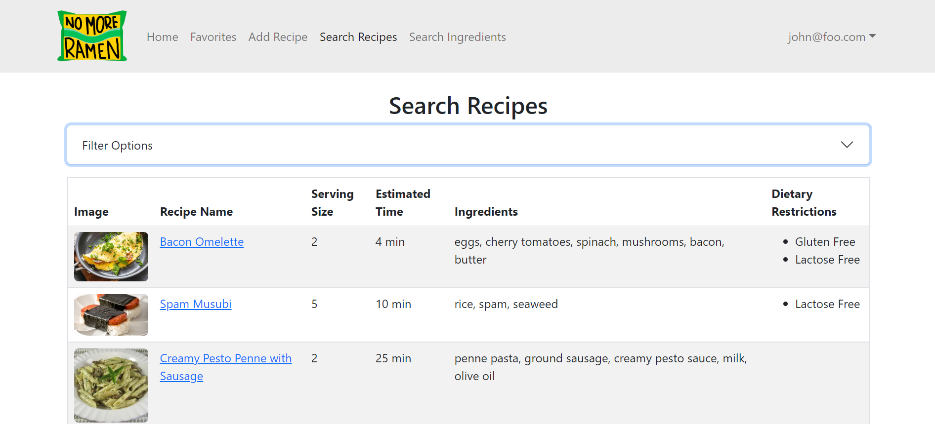 search recipe page